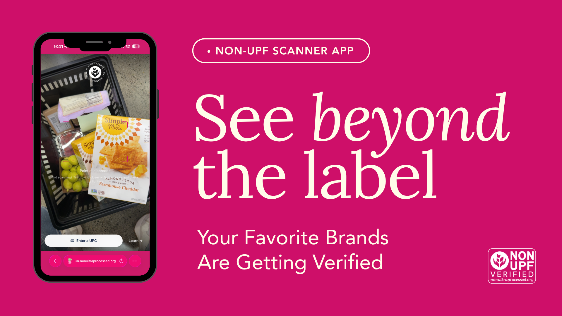 Non-UPF Verified Scanner App press release cover with a smartphone camera screen turned on, scanning a product barcode.